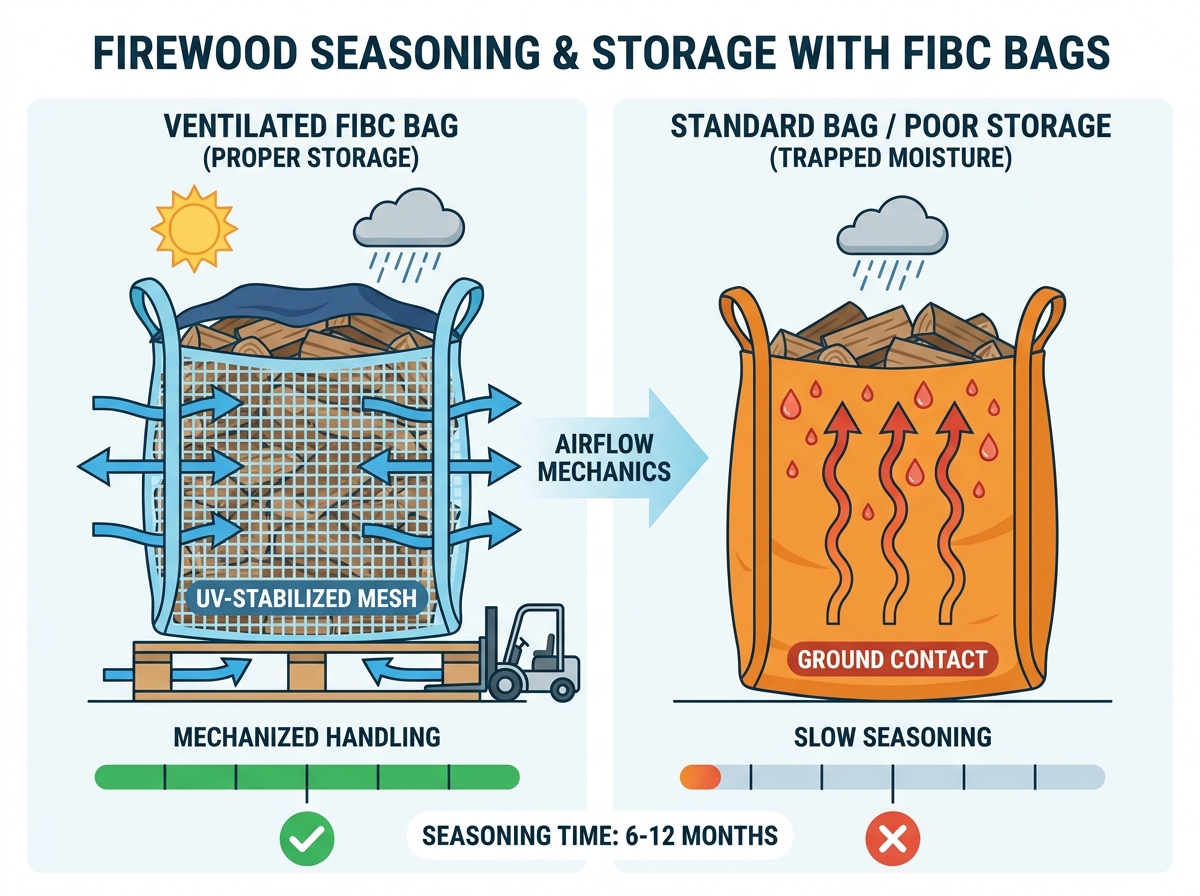 Sacos a granel ventilados para armazenamento de lenha